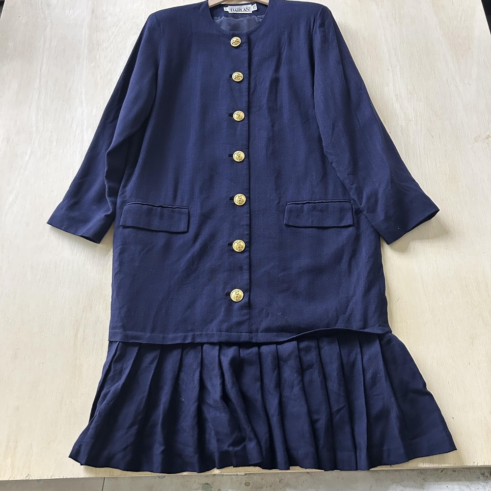 Vintage Harlan Jacket Dress Womens 16 Blue Long Sleeve Pleated Knee Length